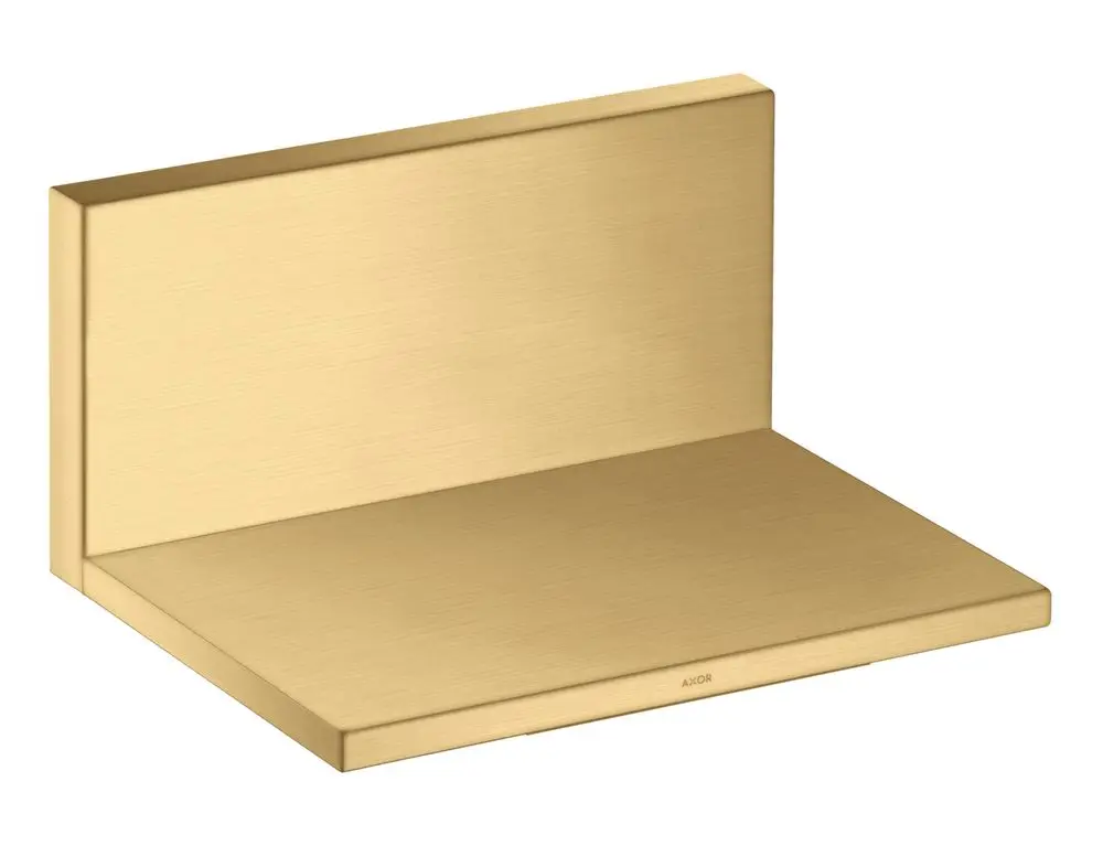 Goldfarbener Wand-Auslauf von AXOR mit einer flachen, rechteckigen Oberfläche und schlichten Kanten, ideal für eine moderne Badezimmergestaltung.